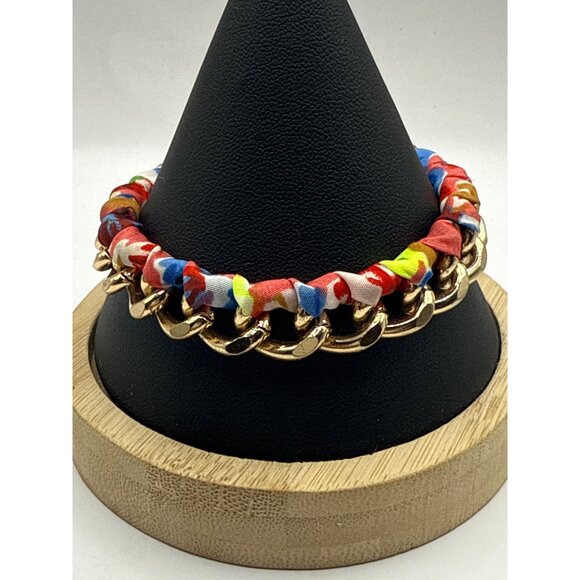 Colorful Fabric-Wrapped Gold Chain Bracelet With Lobster Clasp & Adjustable Fit - Picture 1 of 6